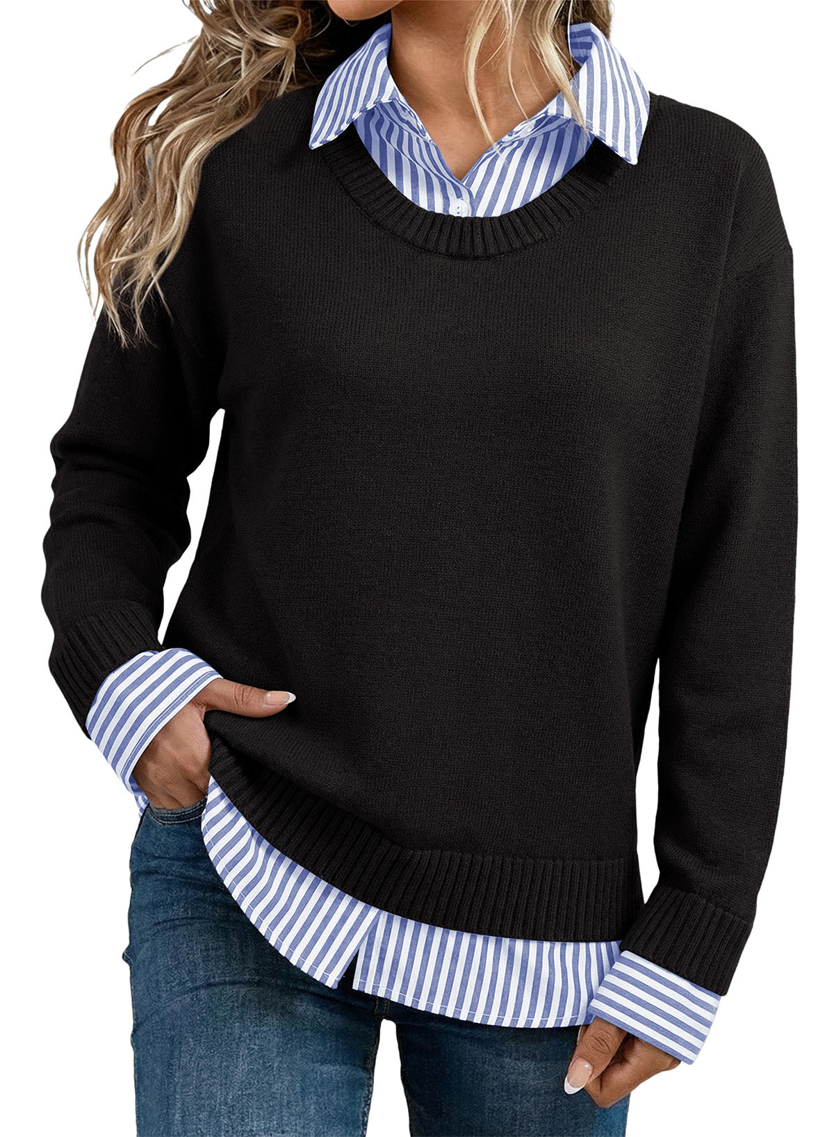 Dokotoo Sweaters for Women Long Sleeve Striped 2 in 1 V Neck Polo Pullover Sweater
