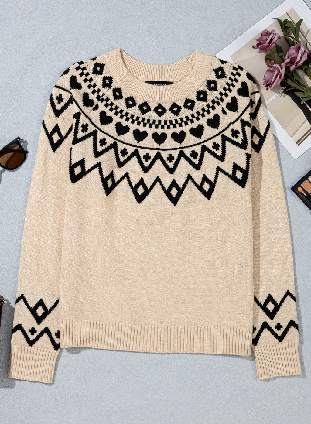 Festive Geometric Print Round Neck Shift Sweater