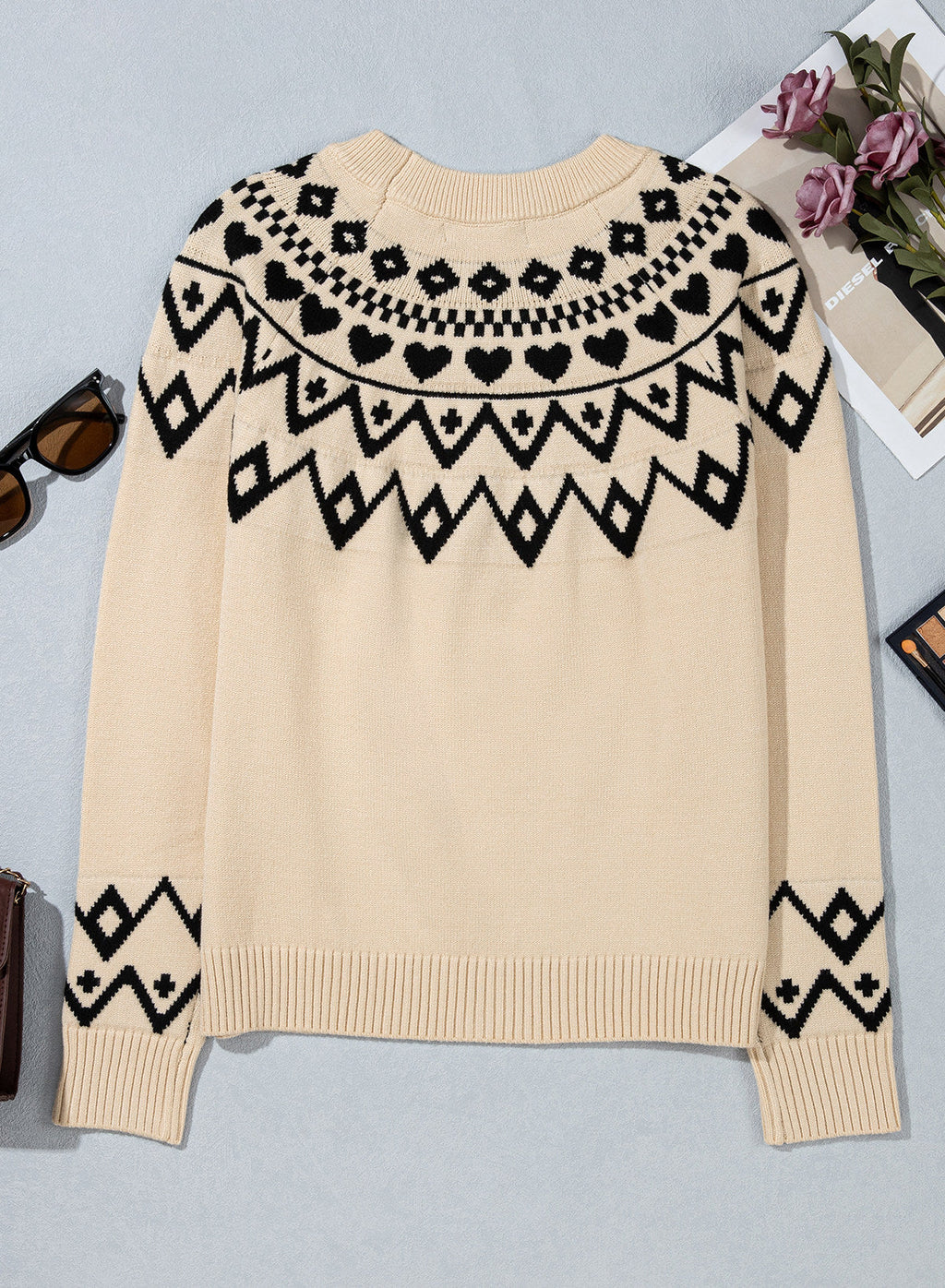 Festive Geometric Print Round Neck Shift Sweater