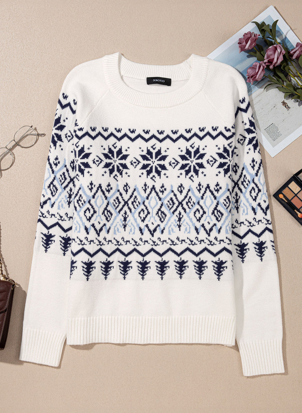 Festive Geometric Print Round Neck Shift Sweater