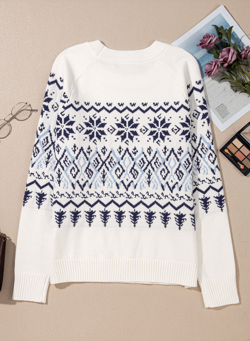 Festive Geometric Print Round Neck Shift Sweater