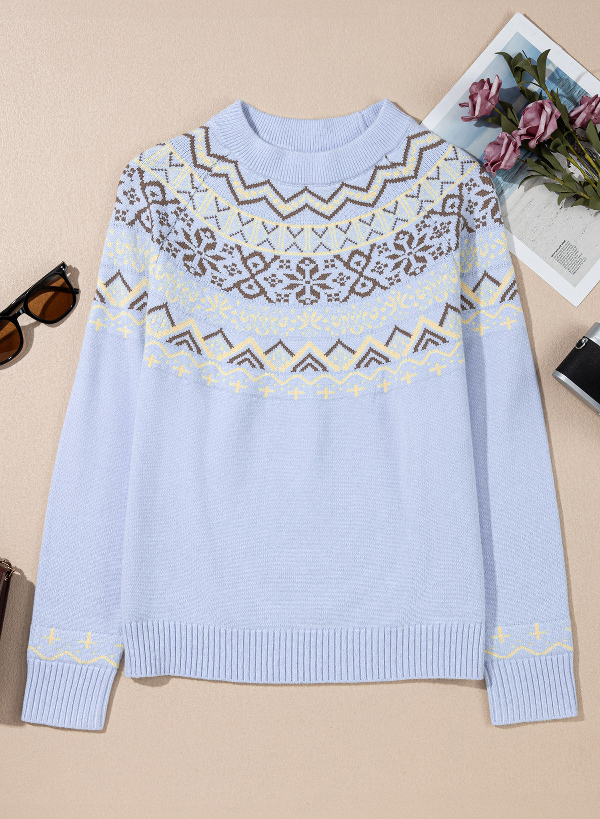 Festive Geometric Print Round Neck Shift Sweater