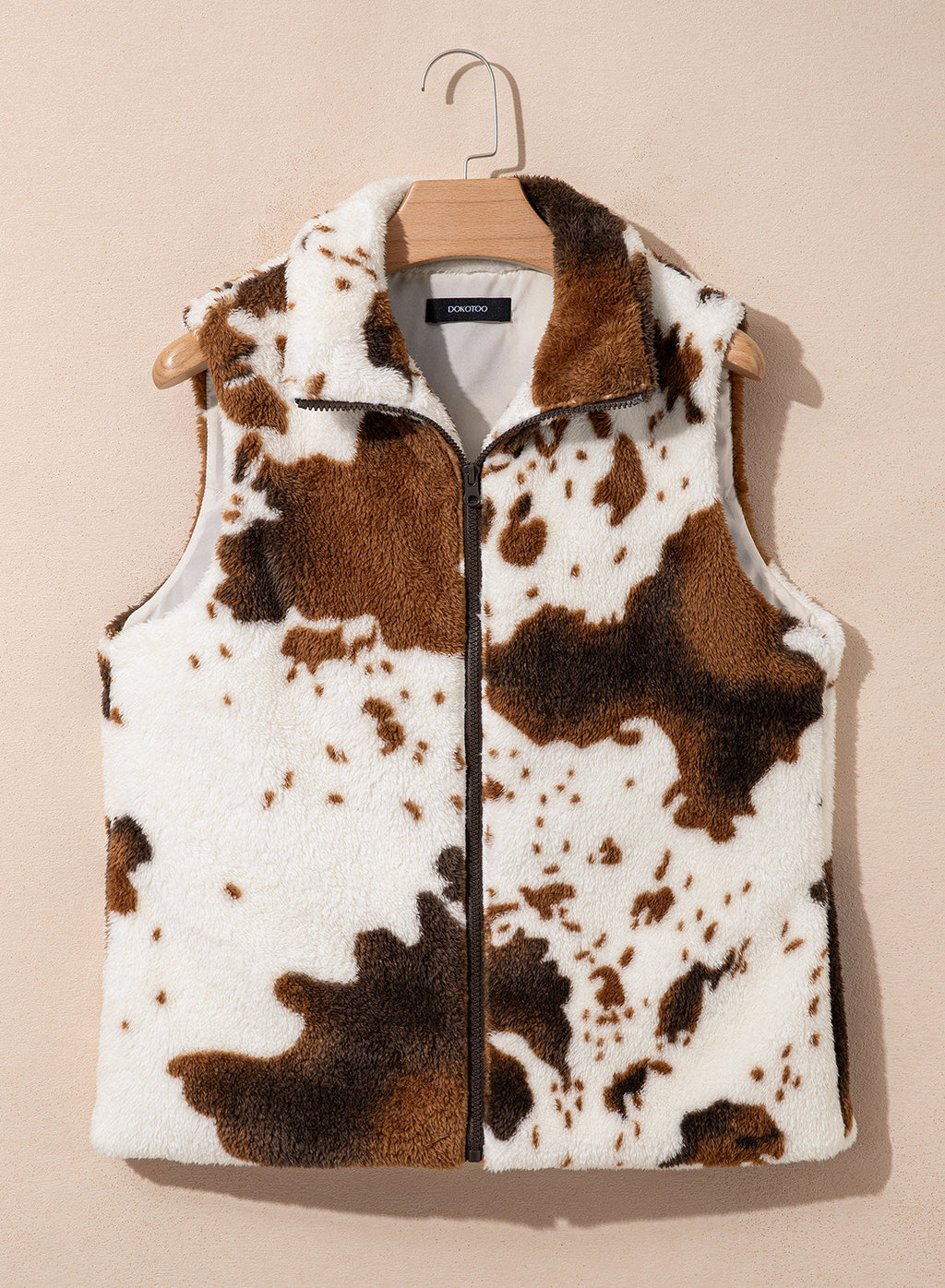 Dokotoo Womens Fleece Vest Zip Up Cow Print Sherpa Sleeveless Jacket