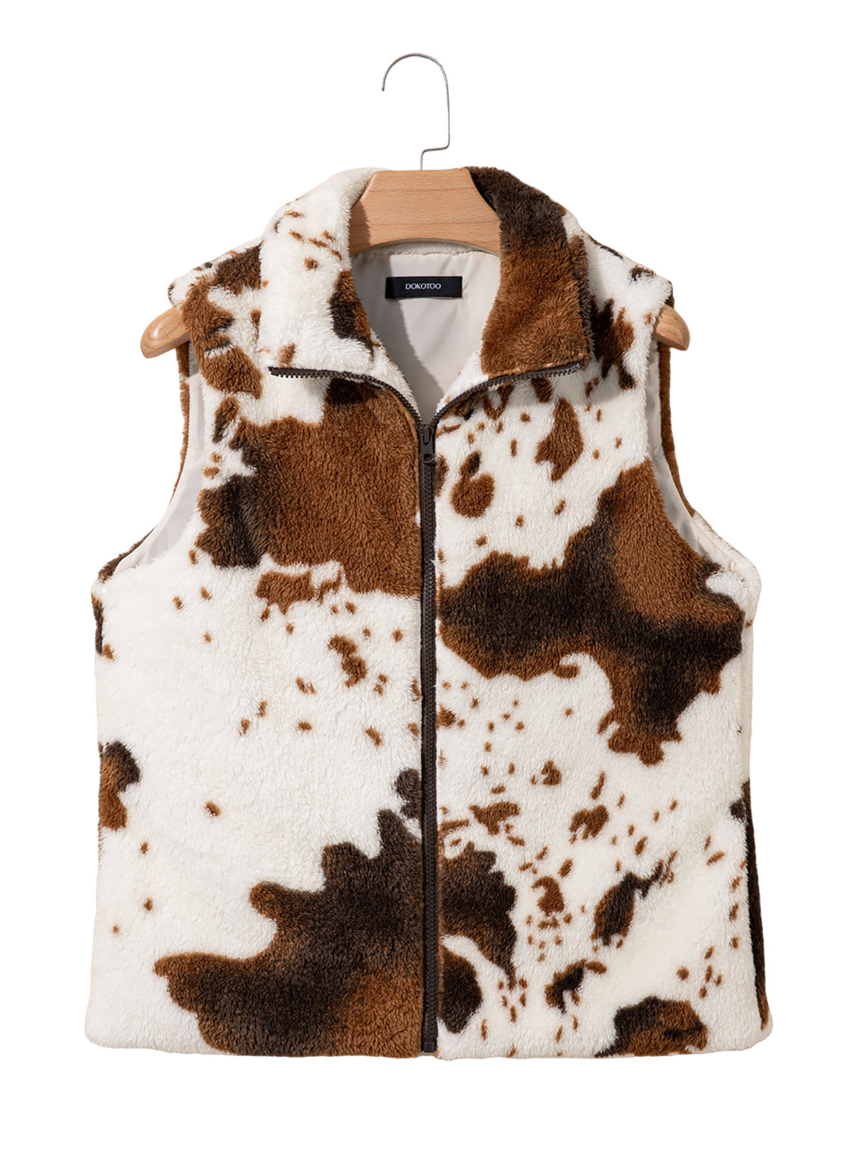 Dokotoo Womens Fleece Vest Zip Up Cow Print Sherpa Sleeveless Jacket