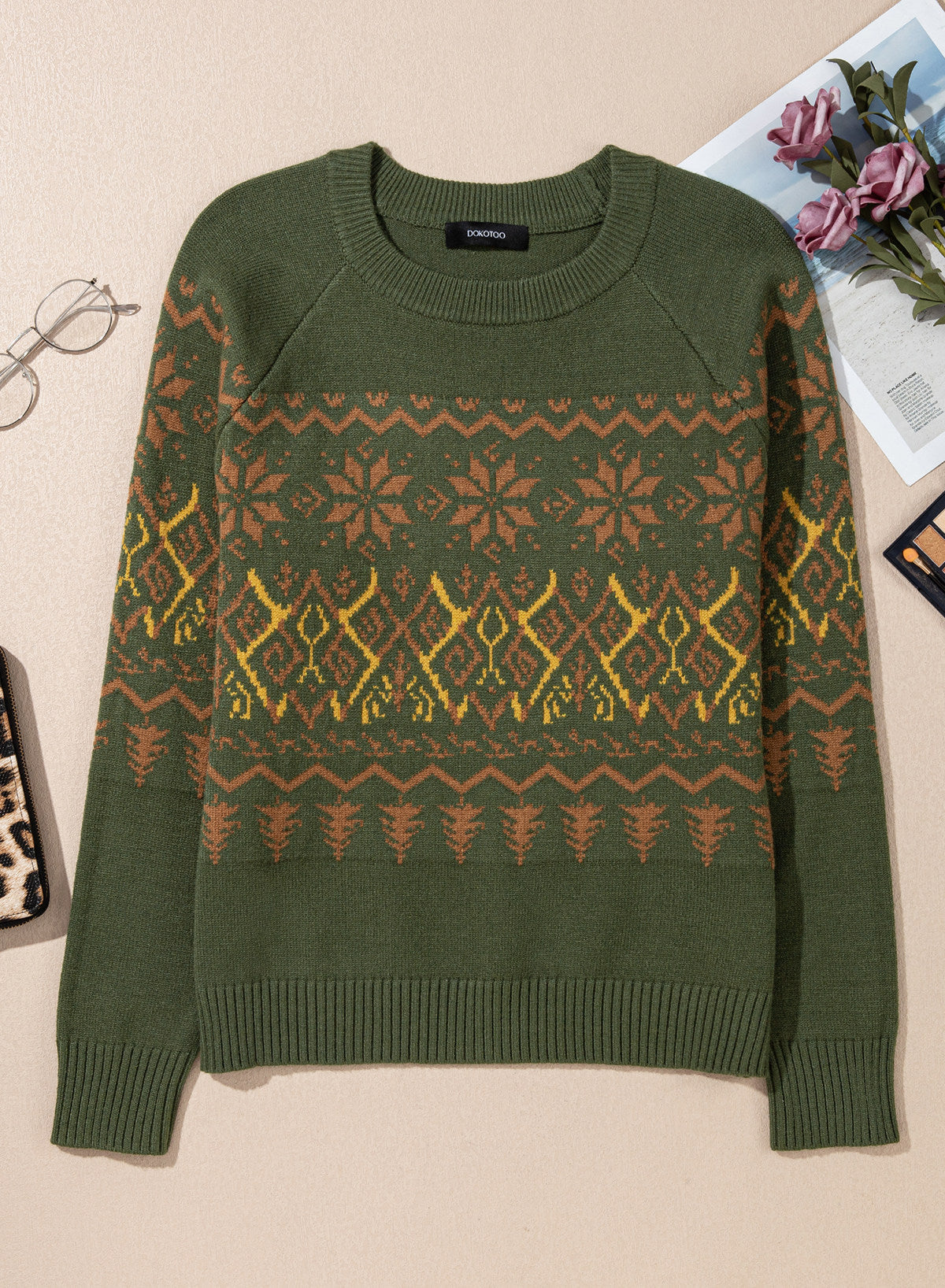 Festive Geometric Print Round Neck Shift Sweater