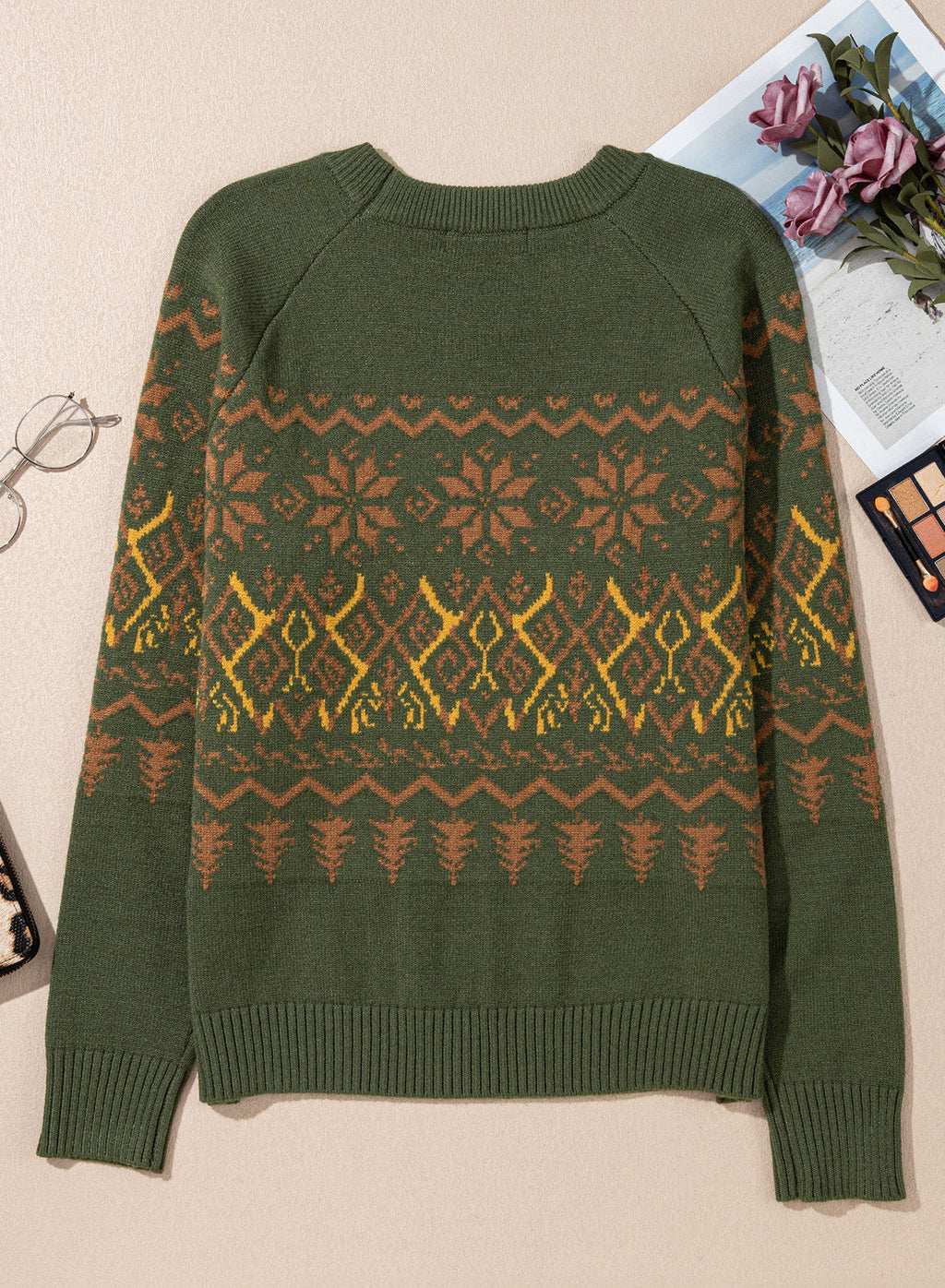 Festive Geometric Print Round Neck Shift Sweater