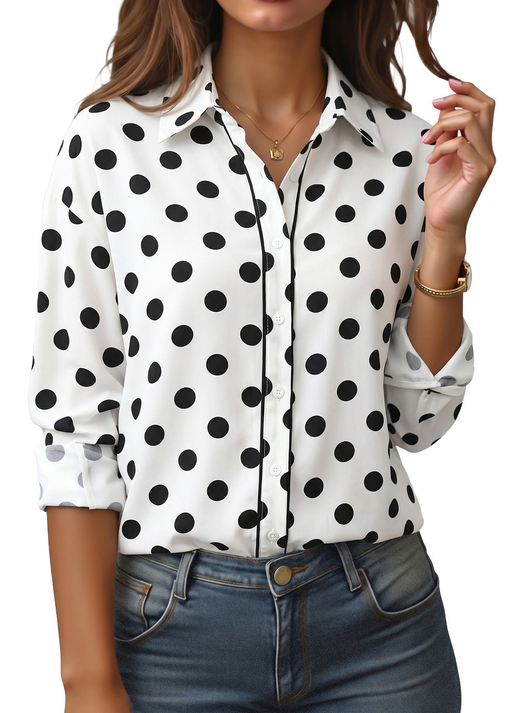 Womens Tops Polka Dot Long Sleeve Button Down Blouses