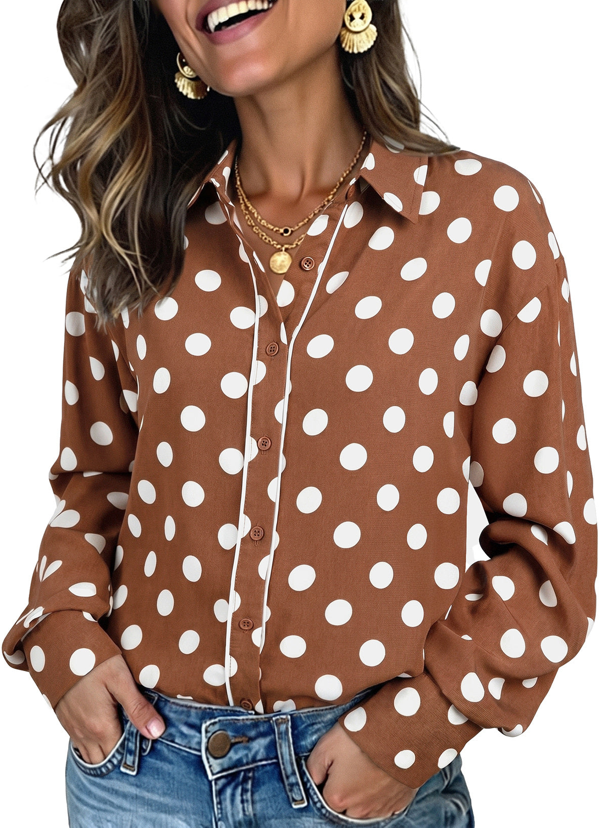Womens Tops Polka Dot Long Sleeve Button Down Blouses