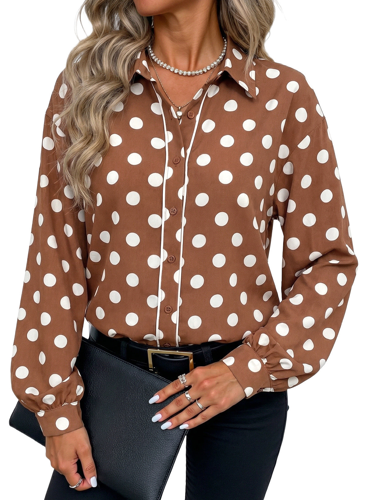 Womens Tops Polka Dot Long Sleeve Button Down Blouses