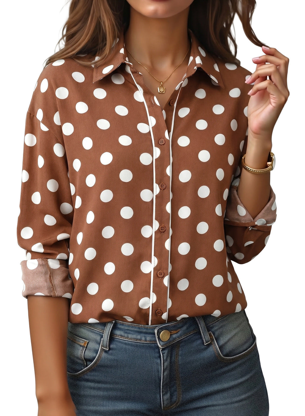 Womens Tops Polka Dot Long Sleeve Button Down Blouses