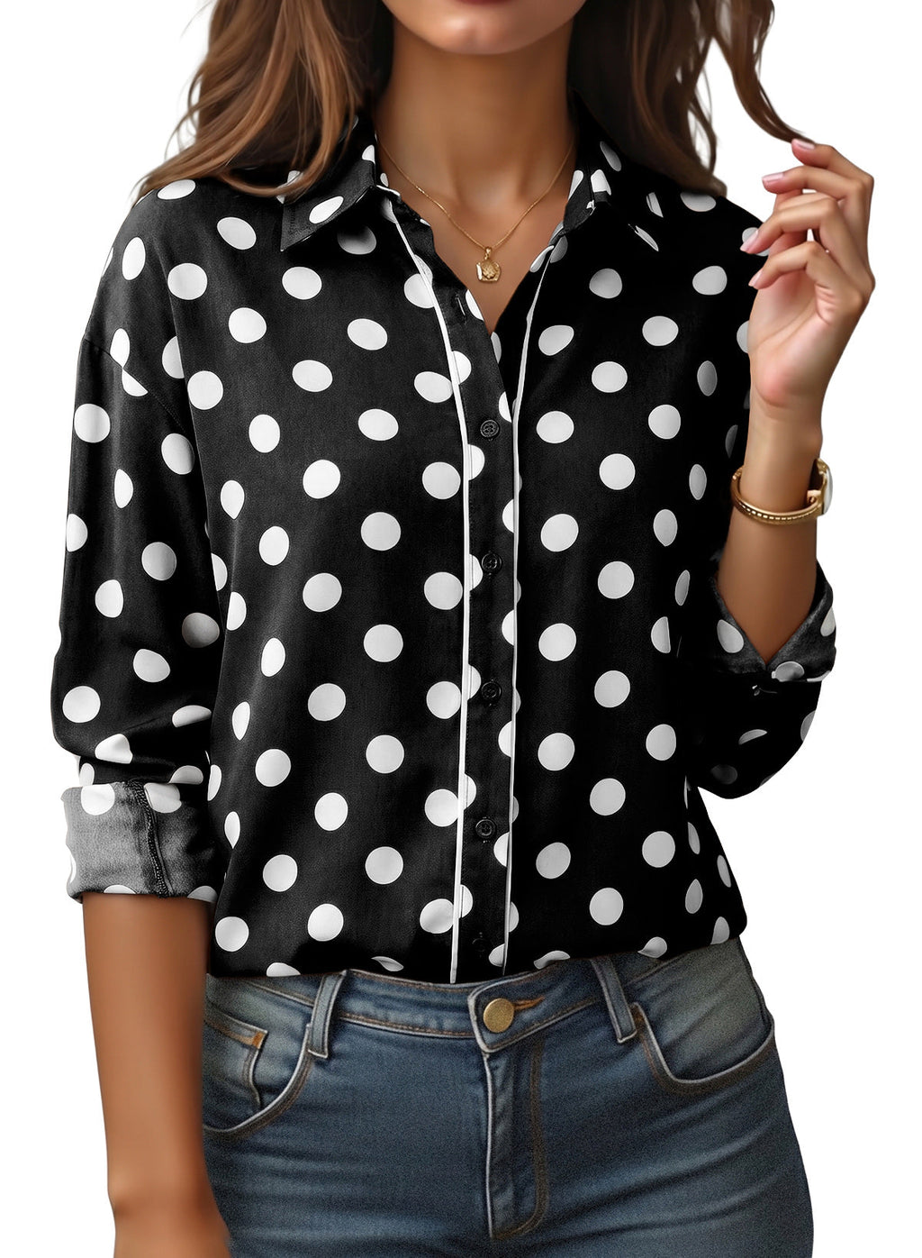 Womens Tops Polka Dot Long Sleeve Button Down Blouses