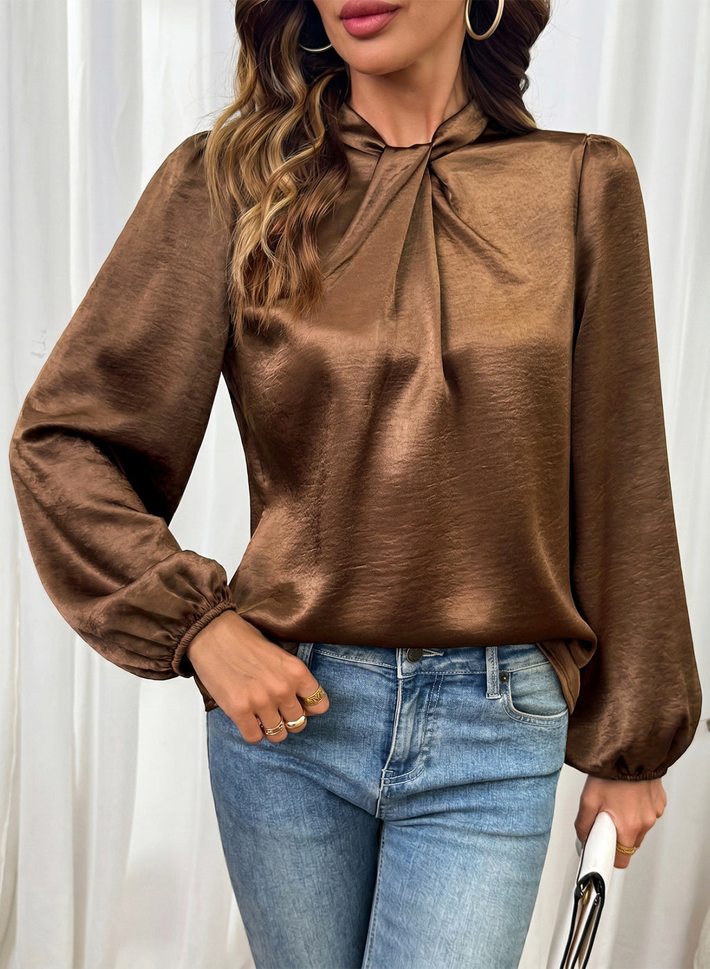 Women's Long Sleeve Satin Blouse,Mock Neck Work Silk Shirts,Dressy Tops for Business Casual Office