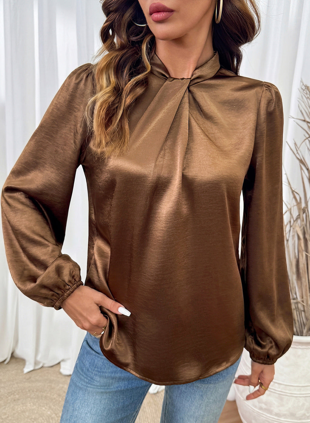 Women's Long Sleeve Satin Blouse,Mock Neck Work Silk Shirts,Dressy Tops for Business Casual Office