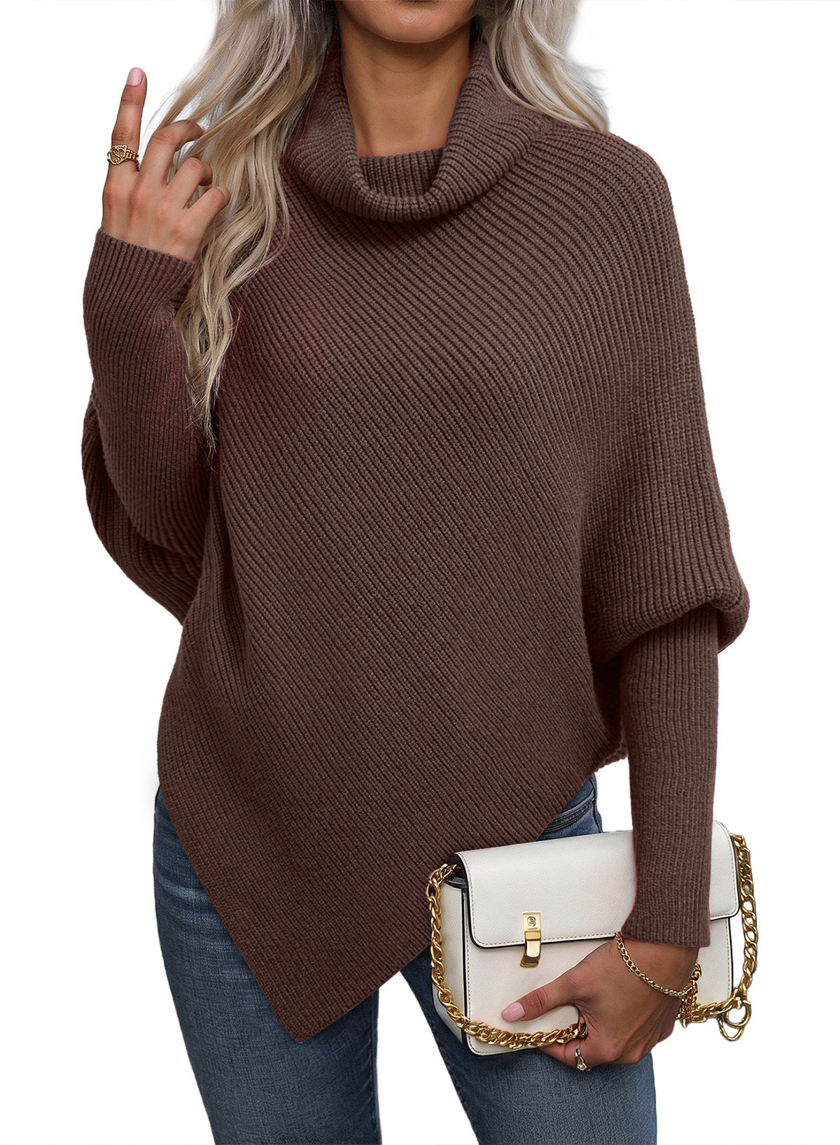 Women's Turtleneck Asymmetrical  Oversized Batwing Sleeve Sweaters