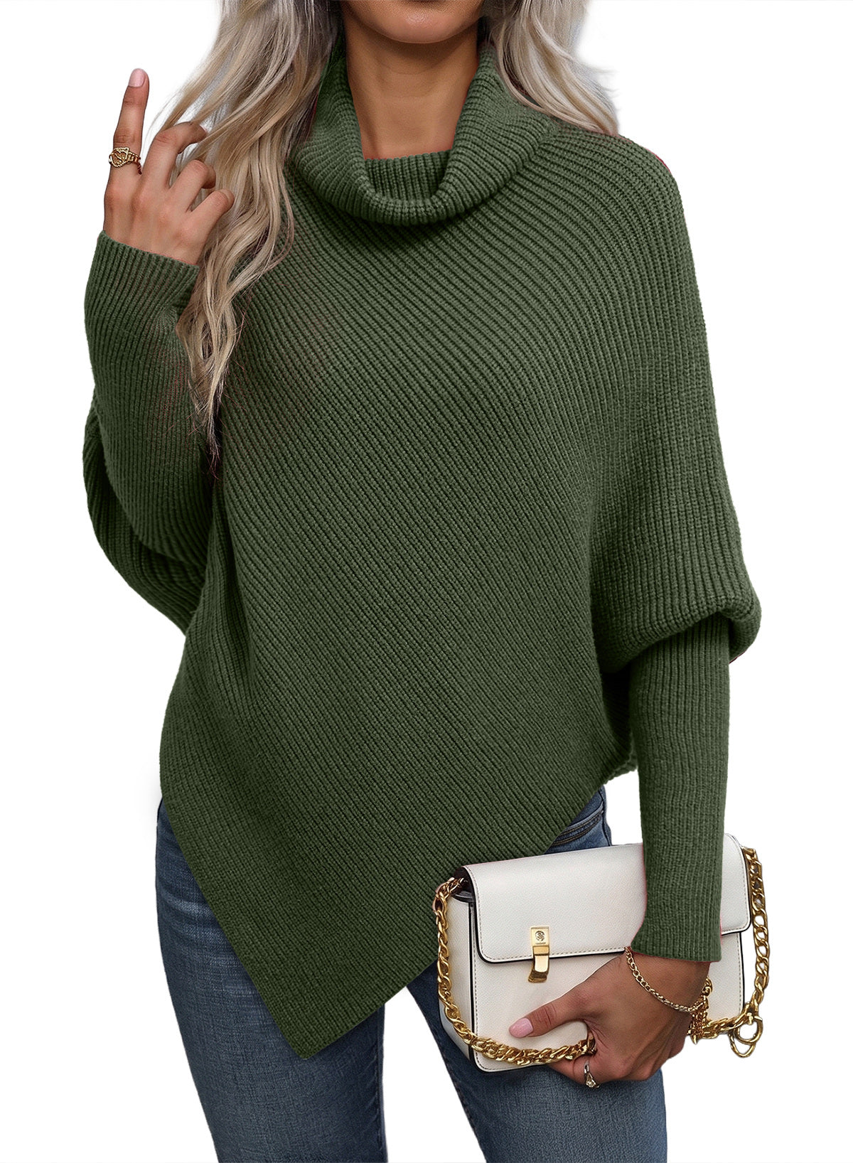 Women's Turtleneck Asymmetrical  Oversized Batwing Sleeve Sweaters