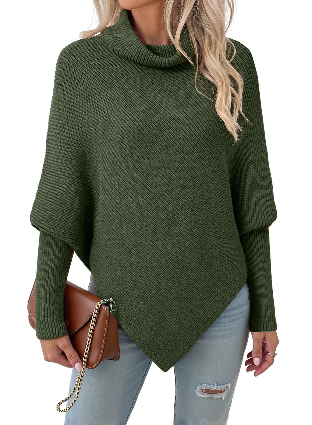 Women's Turtleneck Asymmetrical  Oversized Batwing Sleeve Sweaters