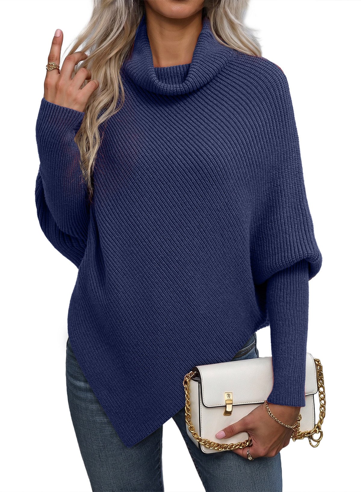 Women's Turtleneck Asymmetrical  Oversized Batwing Sleeve Sweaters