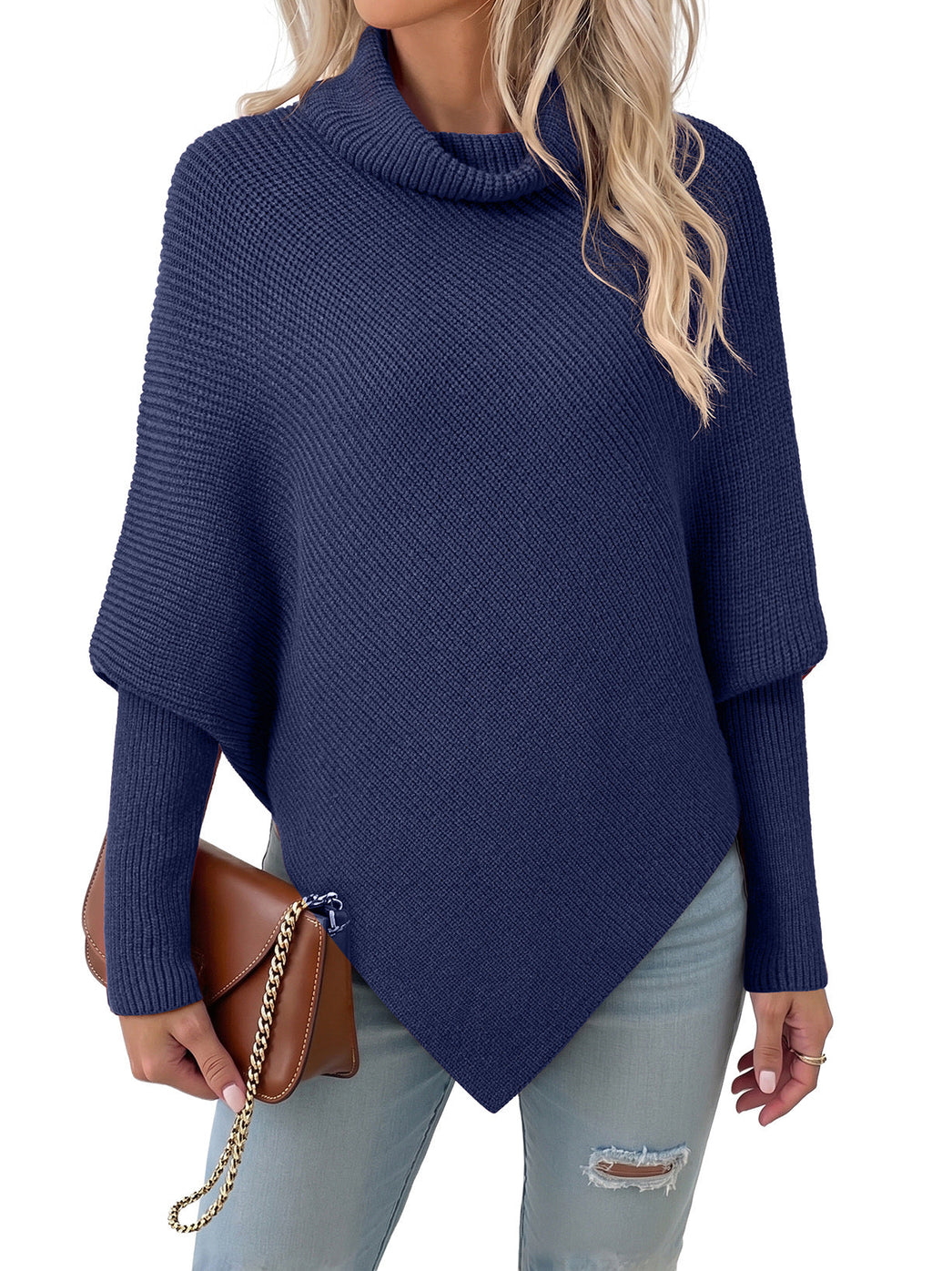 Women's Turtleneck Asymmetrical  Oversized Batwing Sleeve Sweaters