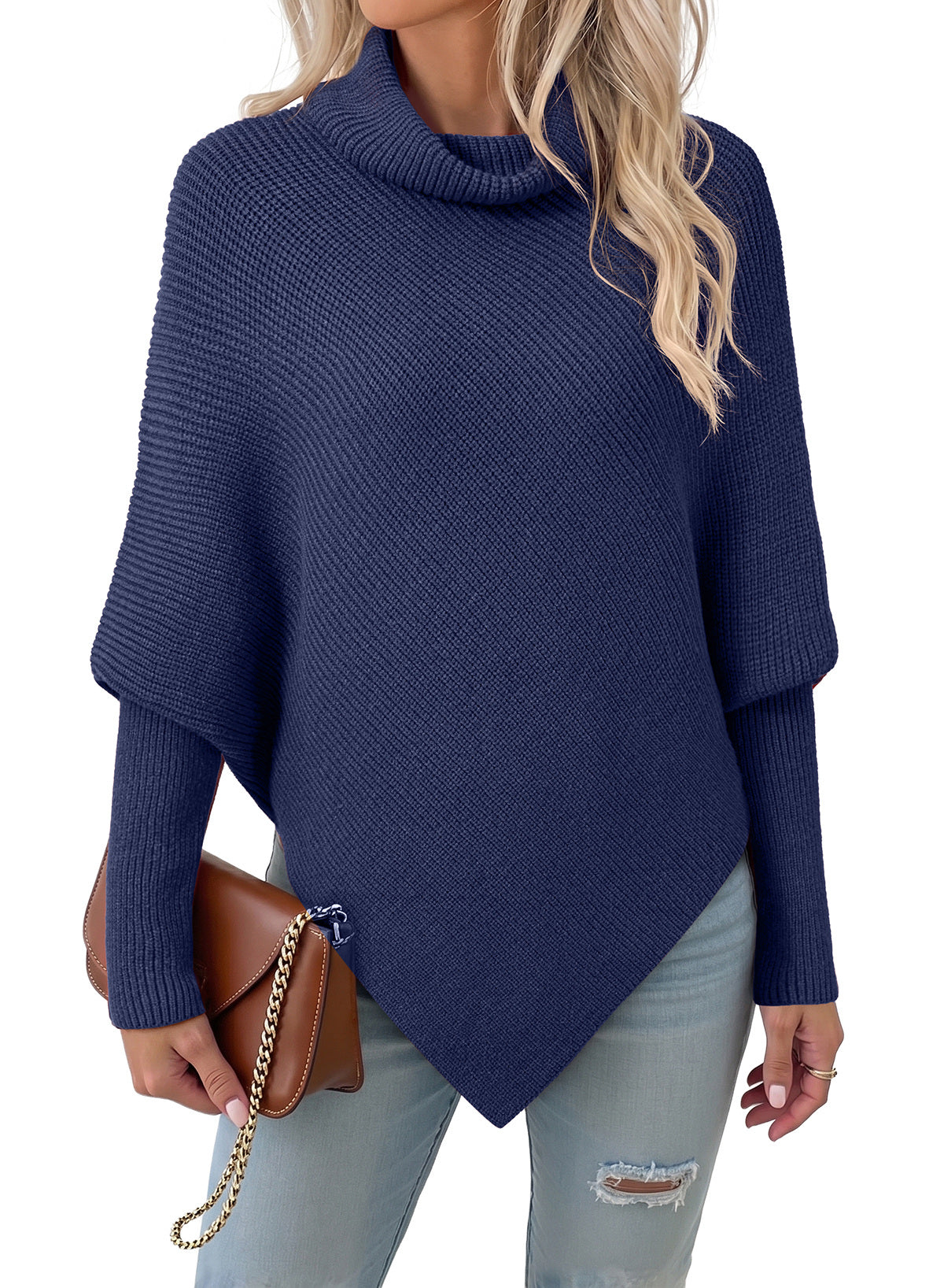 Women's Turtleneck Asymmetrical  Oversized Batwing Sleeve Sweaters