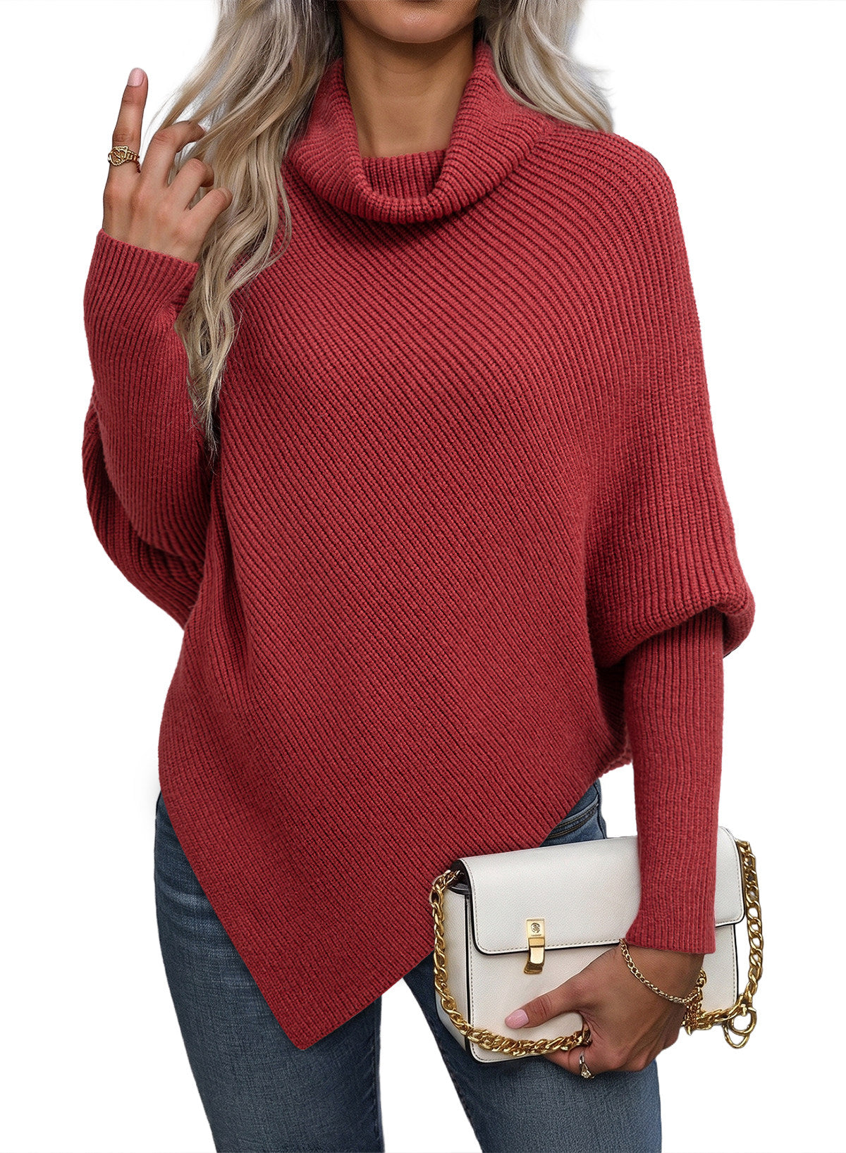 Women's Turtleneck Asymmetrical  Oversized Batwing Sleeve Sweaters