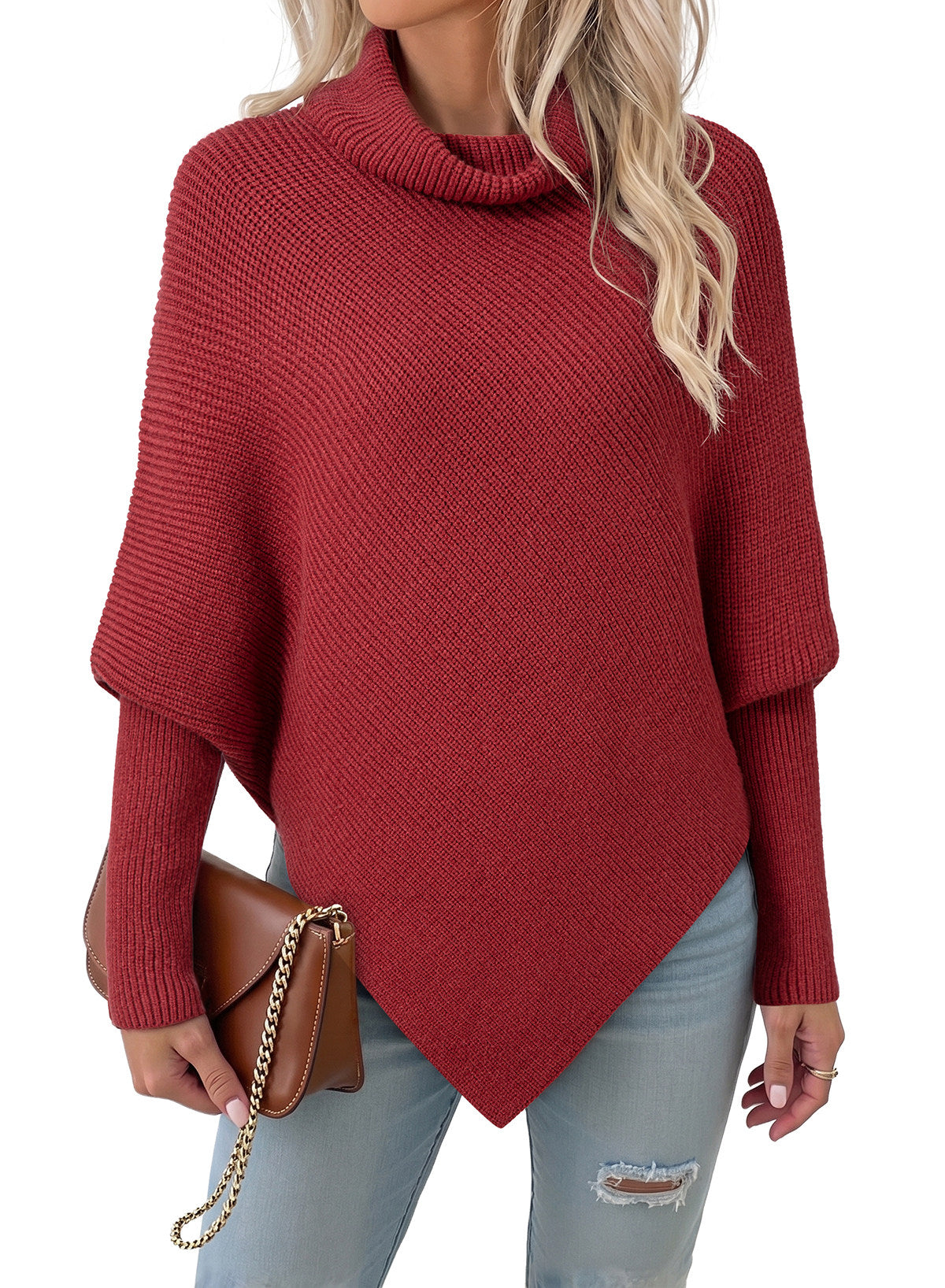 Women's Turtleneck Asymmetrical  Oversized Batwing Sleeve Sweaters