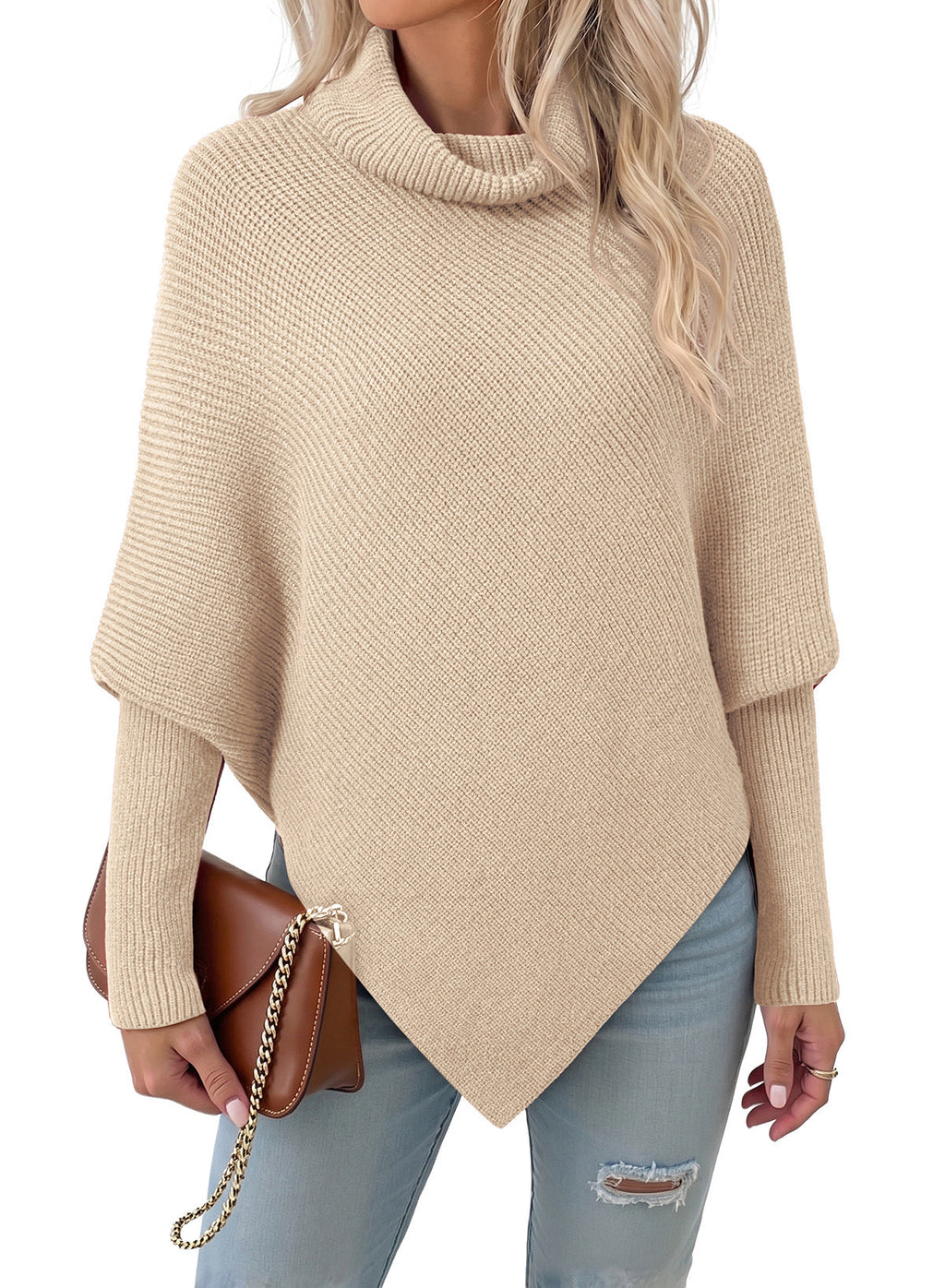 Women's Turtleneck Asymmetrical  Oversized Batwing Sleeve Sweaters