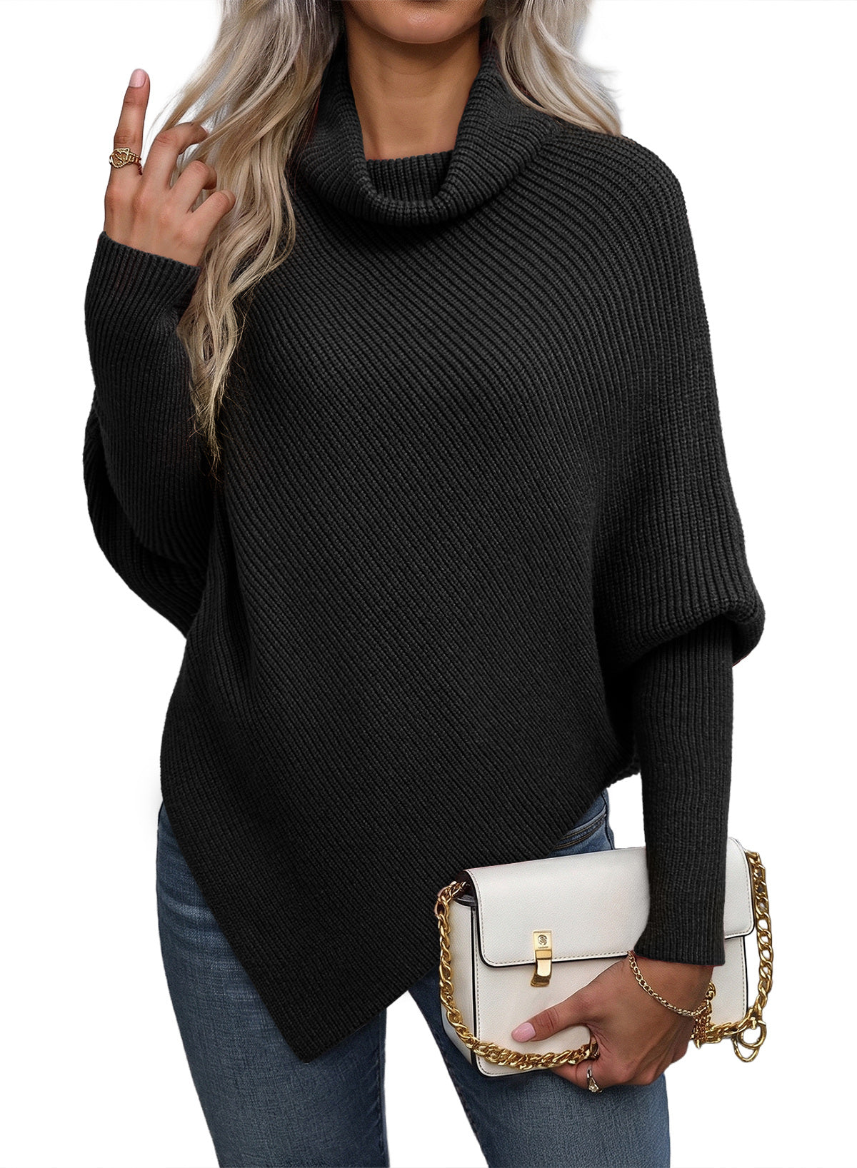 Women's Turtleneck Asymmetrical  Oversized Batwing Sleeve Sweaters