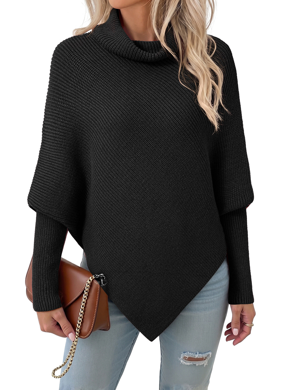 Women's Turtleneck Asymmetrical  Oversized Batwing Sleeve Sweaters
