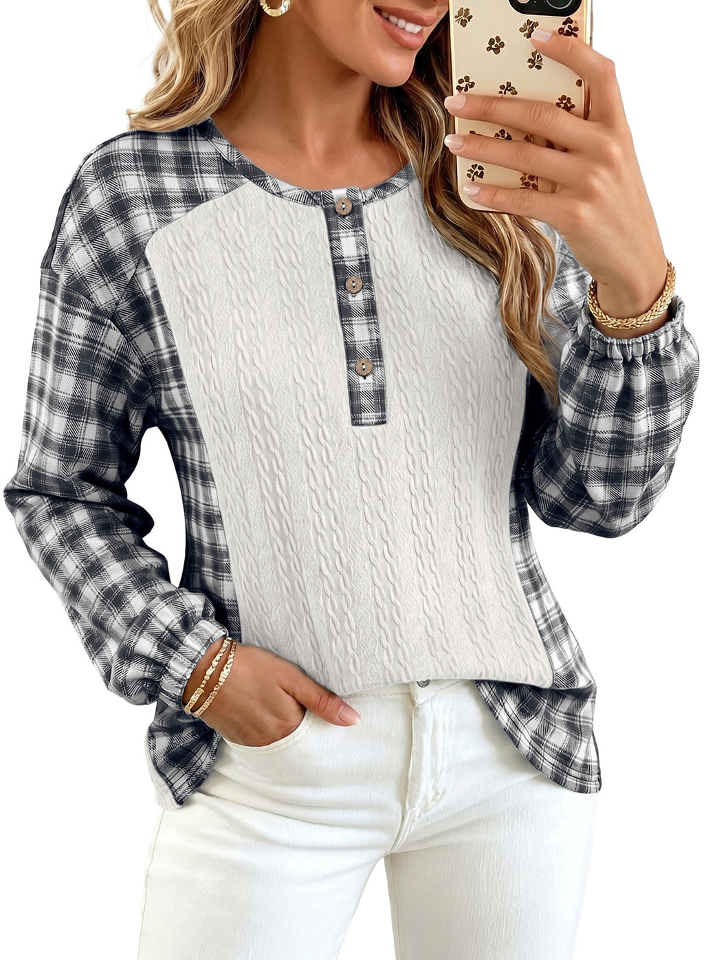 Dokotoo Long Sleeve Button Shirts for Women Trendy Loose Plaid Tunic Tops