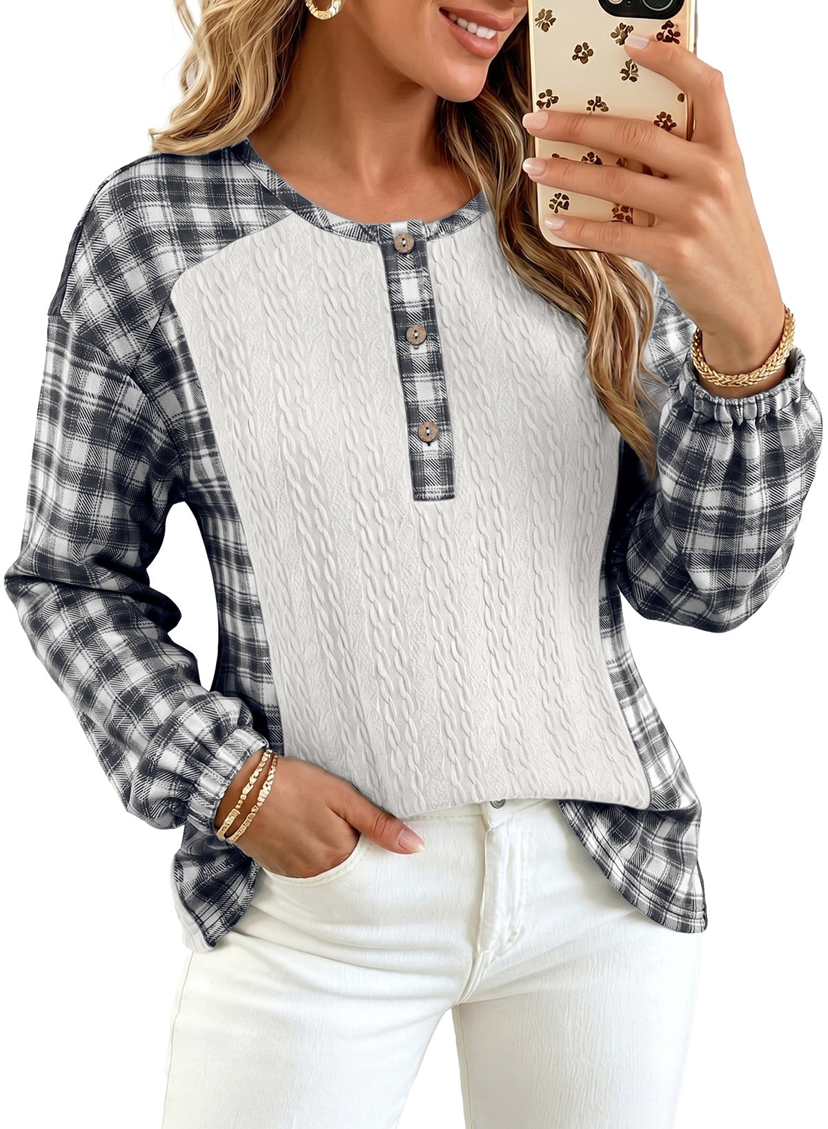 Dokotoo Long Sleeve Button Shirts for Women Trendy Loose Plaid Tunic Tops