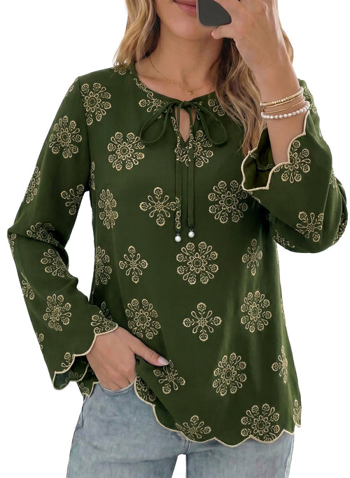 Dokotoo Blouses for Women Bell Long Sleeve Scalloped Trim Tunic Tops