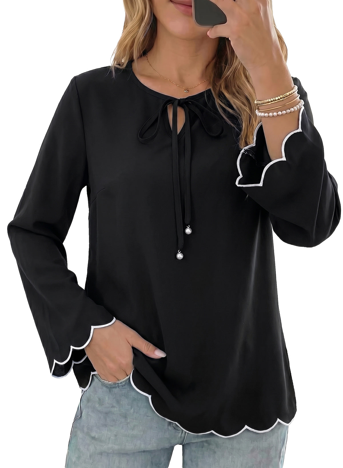 Dokotoo Blouses for Women Bell Long Sleeve Scalloped Trim Tunic Tops