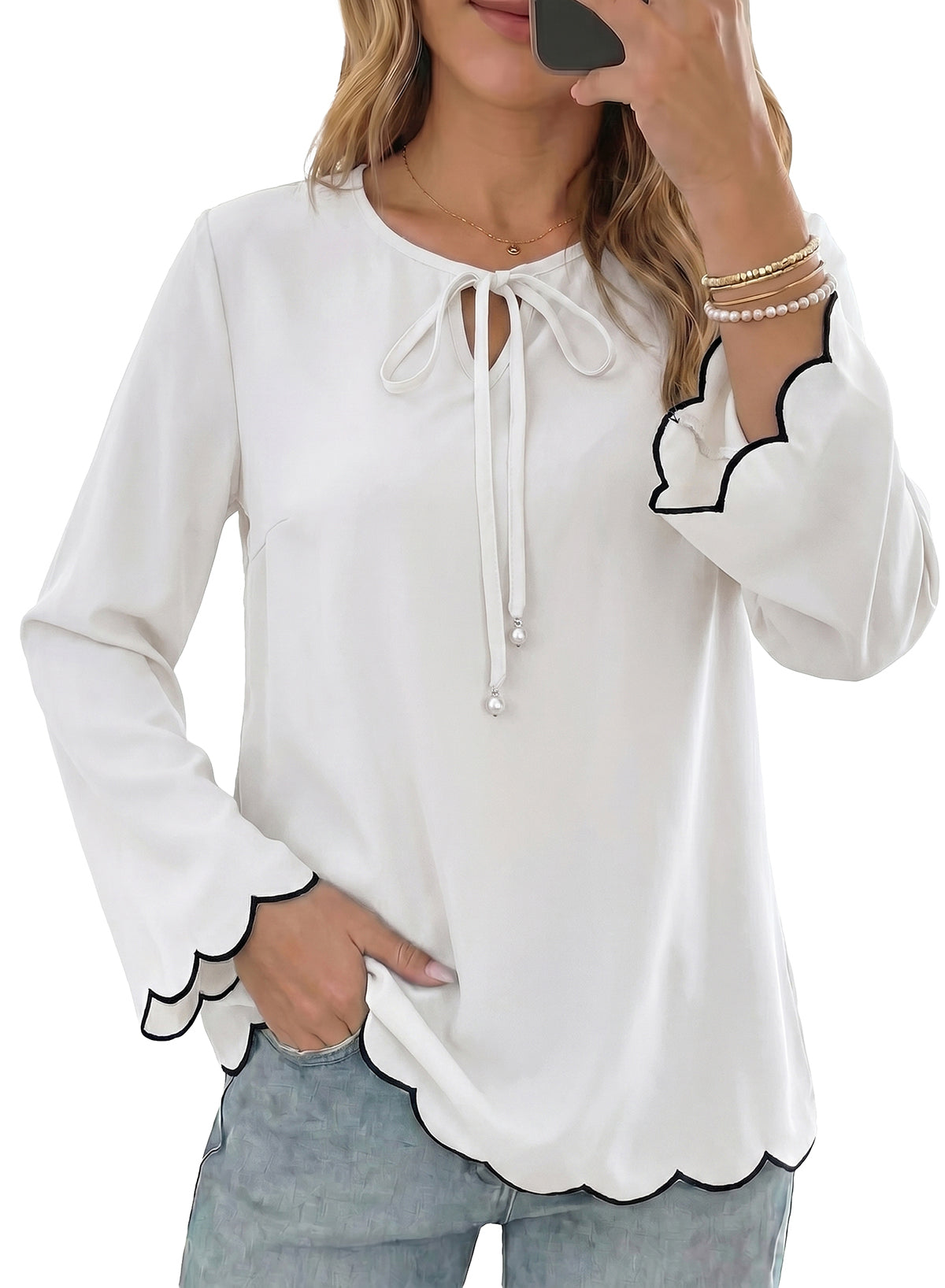 Dokotoo Blouses for Women Bell Long Sleeve Scalloped Trim Tunic Tops