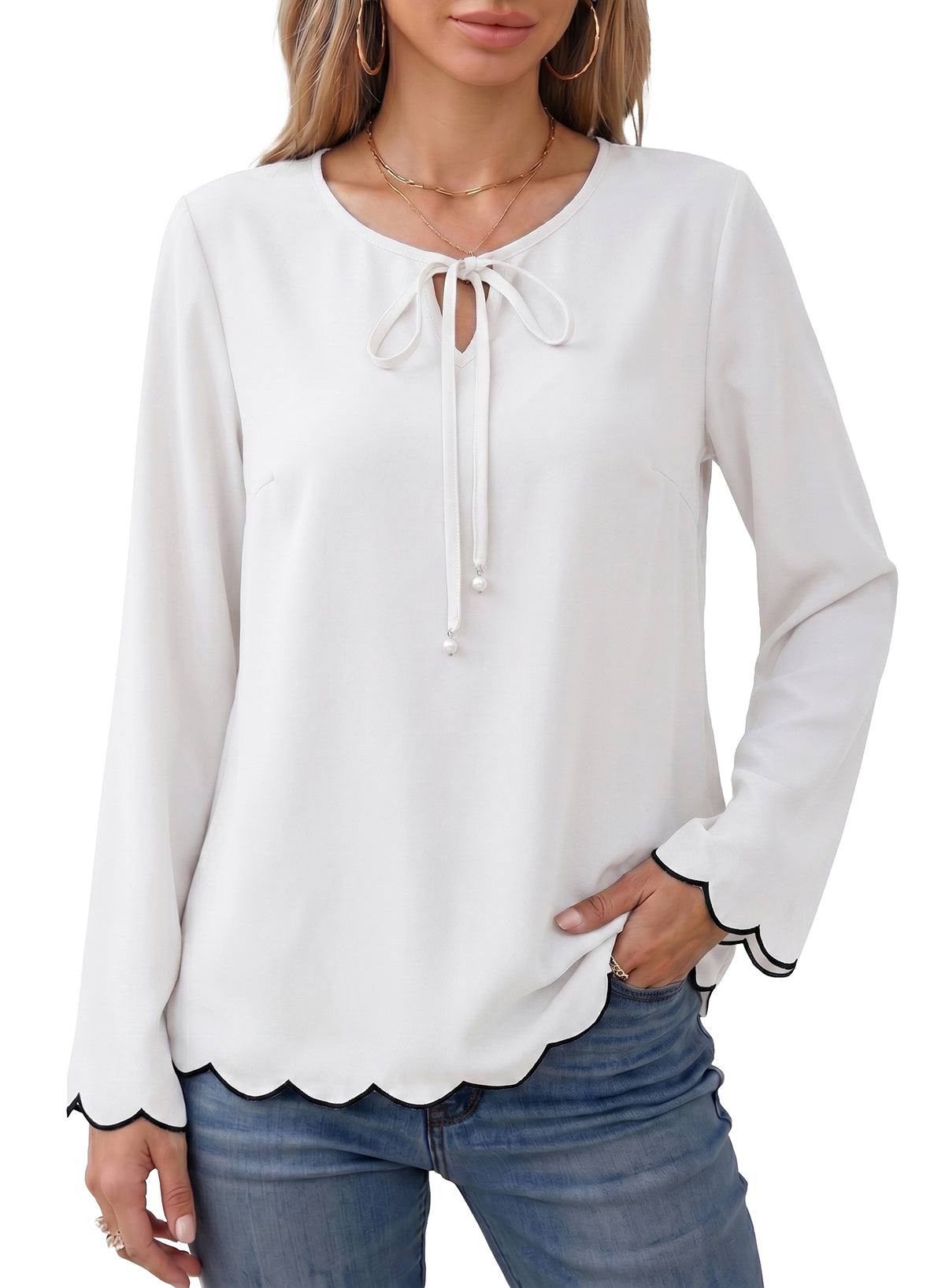 Dokotoo Blouses for Women Bell Long Sleeve Scalloped Trim Tunic Tops