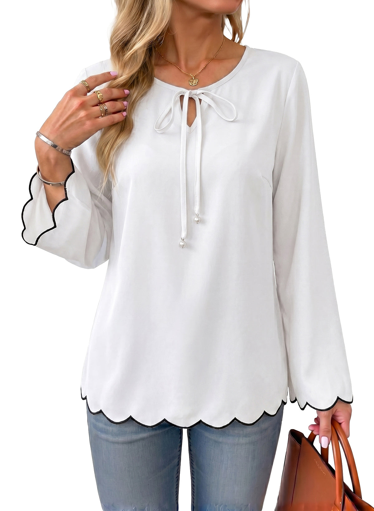 Dokotoo Blouses for Women Bell Long Sleeve Scalloped Trim Tunic Tops