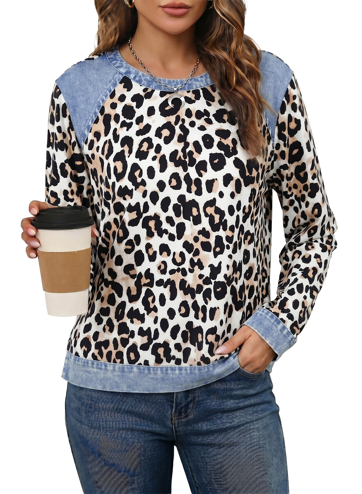 Women's Patchwork Patch Round Neck Long Sleeve Casual Loose T-Shirt