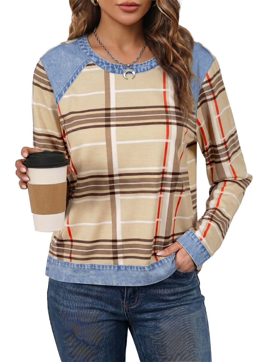 Women's Patchwork Patch Round Neck Long Sleeve Casual Loose T-Shirt