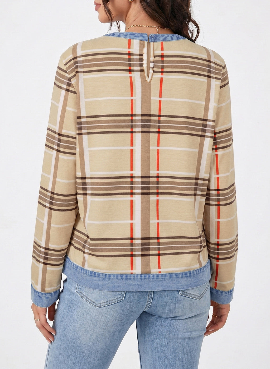 Women's Patchwork Patch Round Neck Long Sleeve Casual Loose T-Shirt