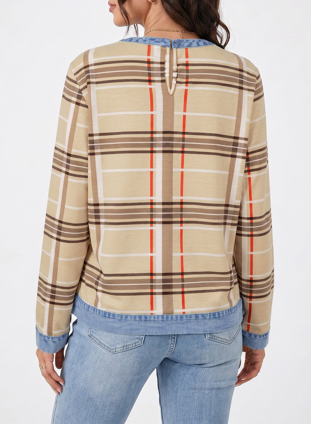 Women's Patchwork Patch Round Neck Long Sleeve Casual Loose T-Shirt