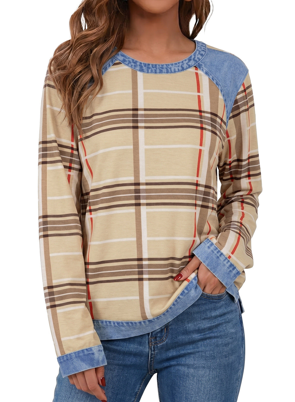 Women's Patchwork Patch Round Neck Long Sleeve Casual Loose T-Shirt