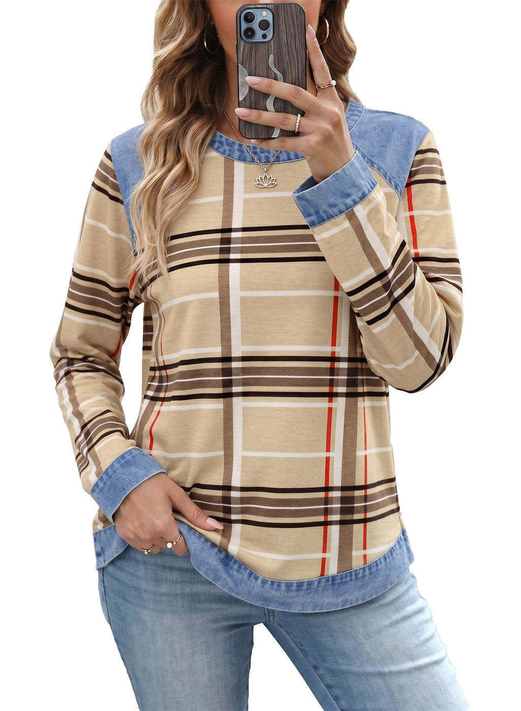 Women's Patchwork Patch Round Neck Long Sleeve Casual Loose T-Shirt