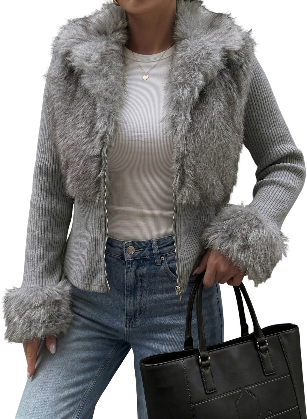 Fashionable Street Style Women's Dark Grey Faux Fur Zip-Up Long Sleeve Jacket, Autumn Clothing,Fall,Fall Clothes For Women