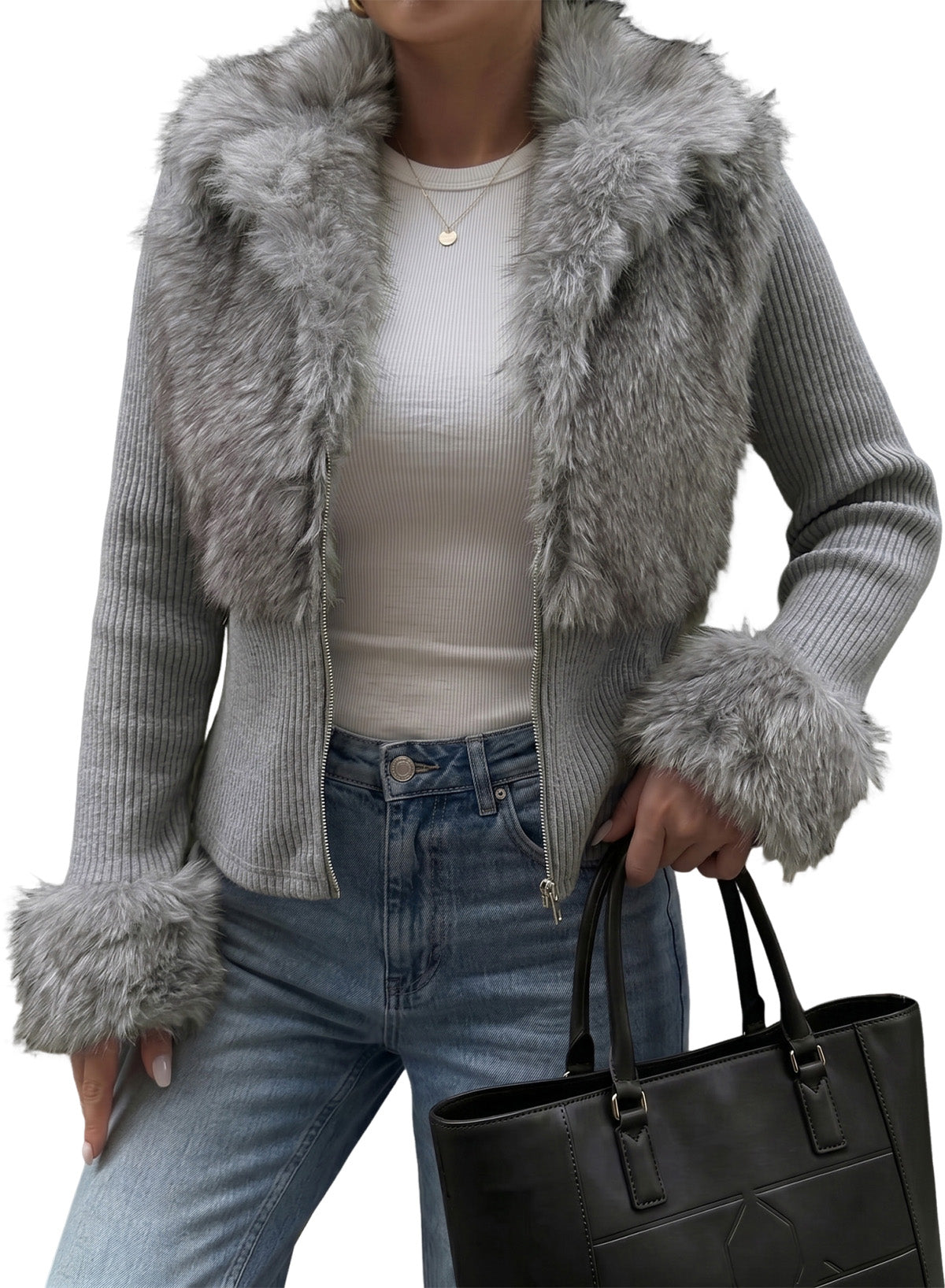 Fashionable Street Style Women's Dark Grey Faux Fur Zip-Up Long Sleeve Jacket, Autumn Clothing,Fall,Fall Clothes For Women