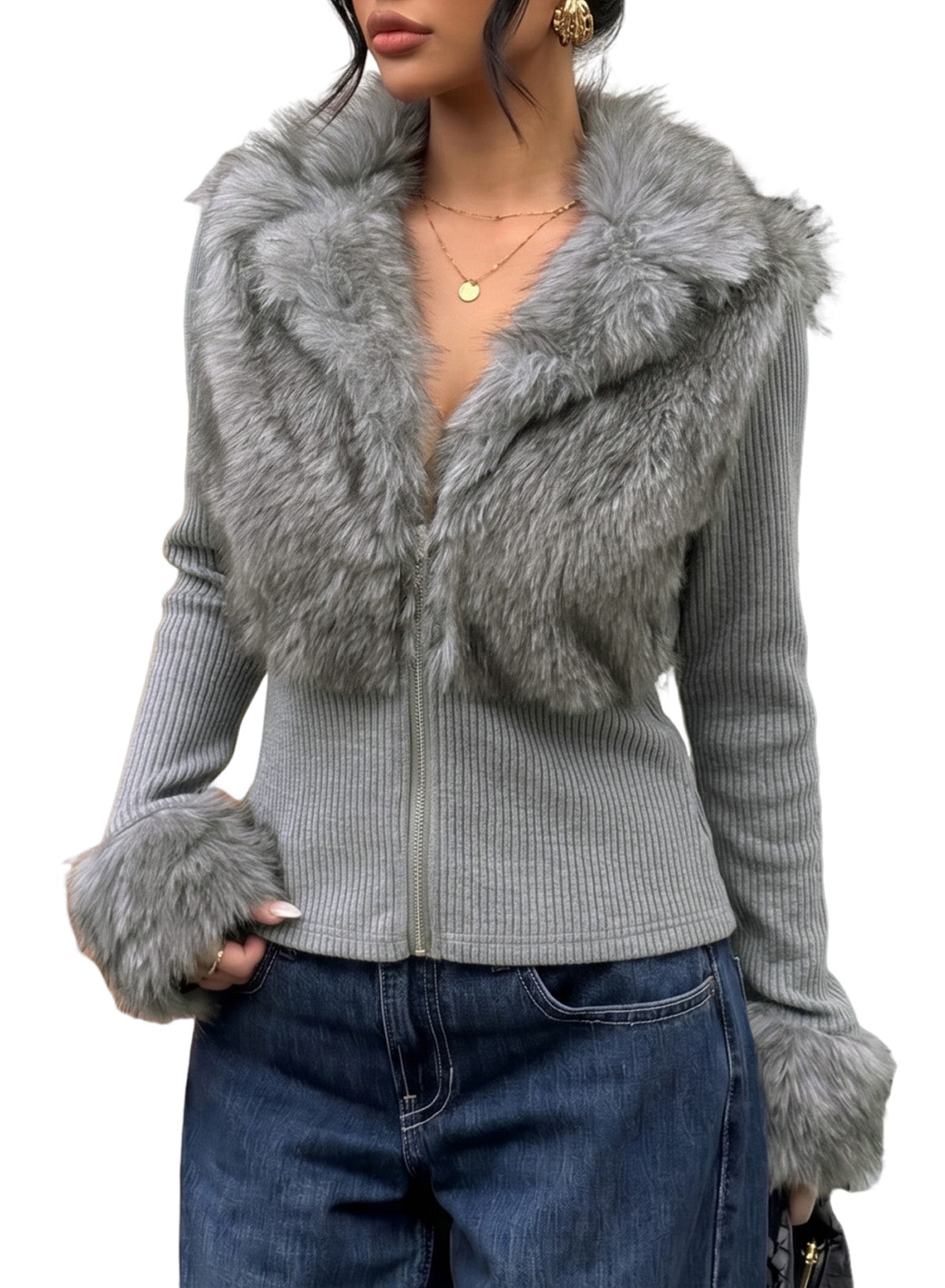 Fashionable Street Style Women's Dark Grey Faux Fur Zip-Up Long Sleeve Jacket, Autumn Clothing,Fall,Fall Clothes For Women