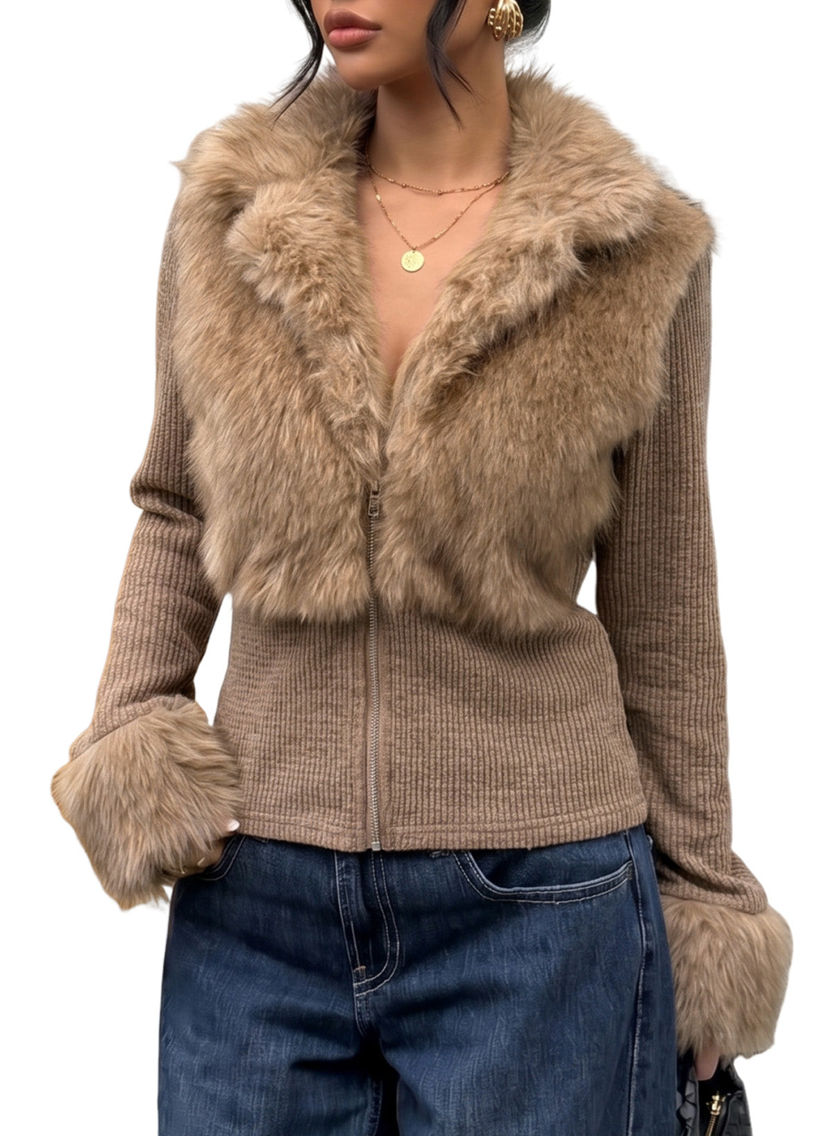 Fashionable Street Style Women's Dark Grey Faux Fur Zip-Up Long Sleeve Jacket, Autumn Clothing,Fall,Fall Clothes For Women