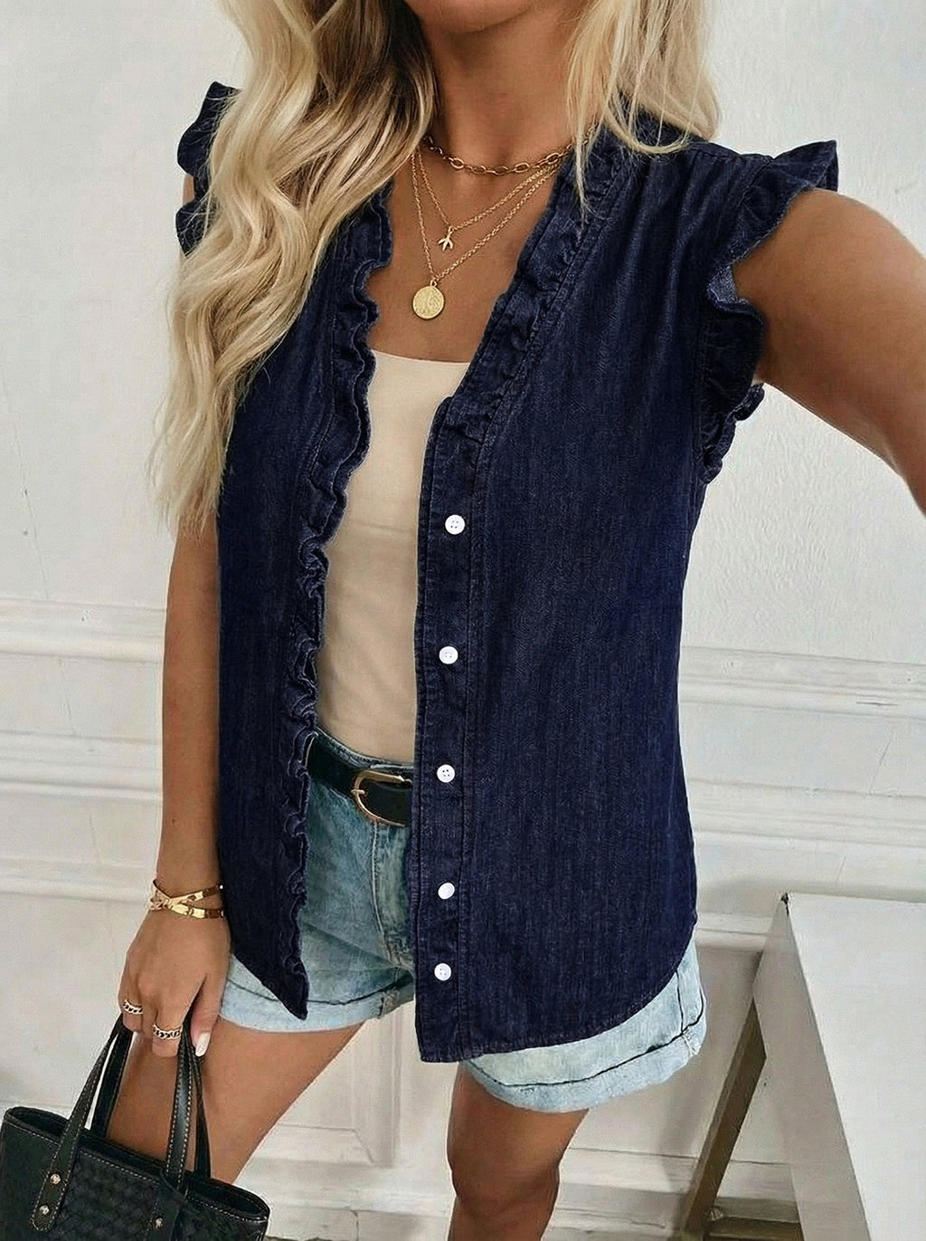 Dokotoo Denim Vest Women Sleeveless Tops Button Up Peplum V Neck Jean Vest