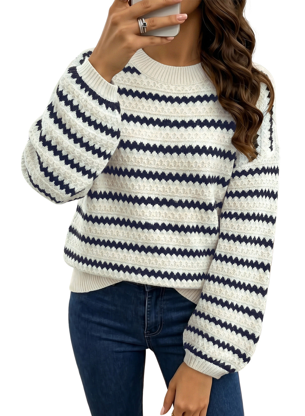 Dokotoo Sweaters for Women Oversized Long Balloon Sleeve Wavy Striped Color Block Crewneck Casual Pullover Sweater Knit Tops