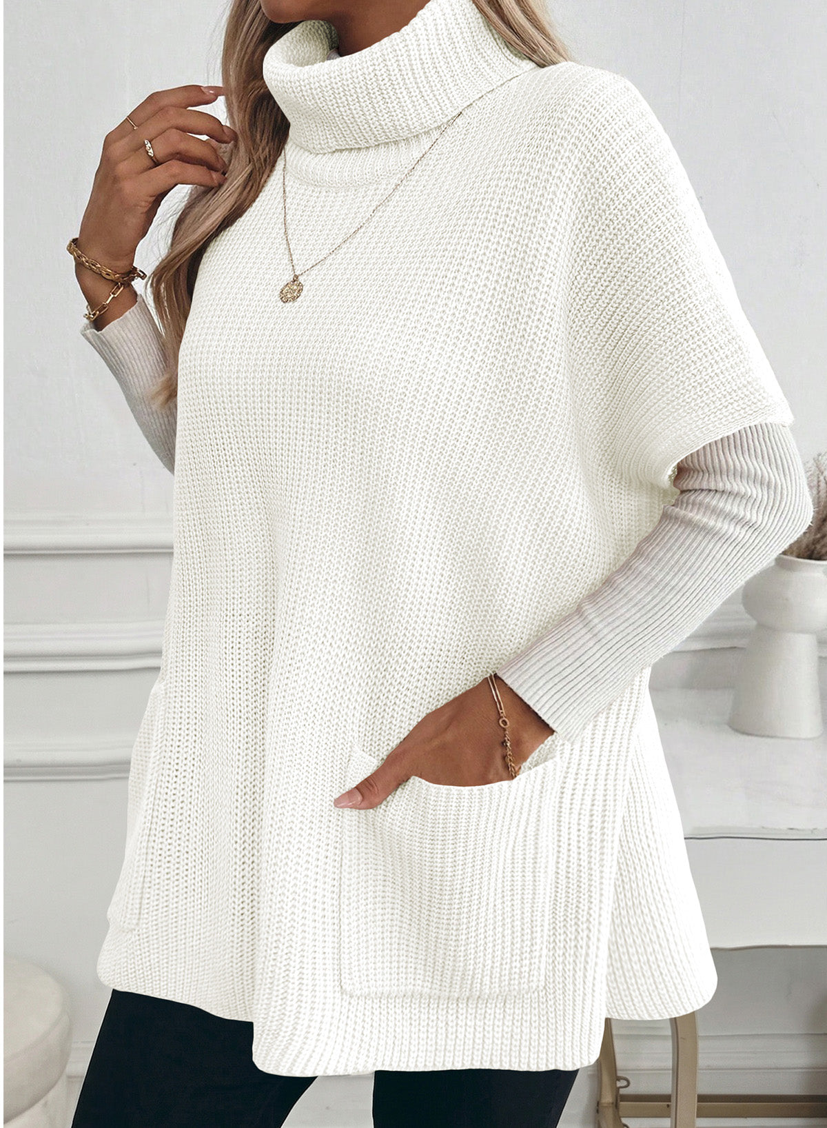 Loose Casual Turtleneck Pocket Women Sweater Dress
