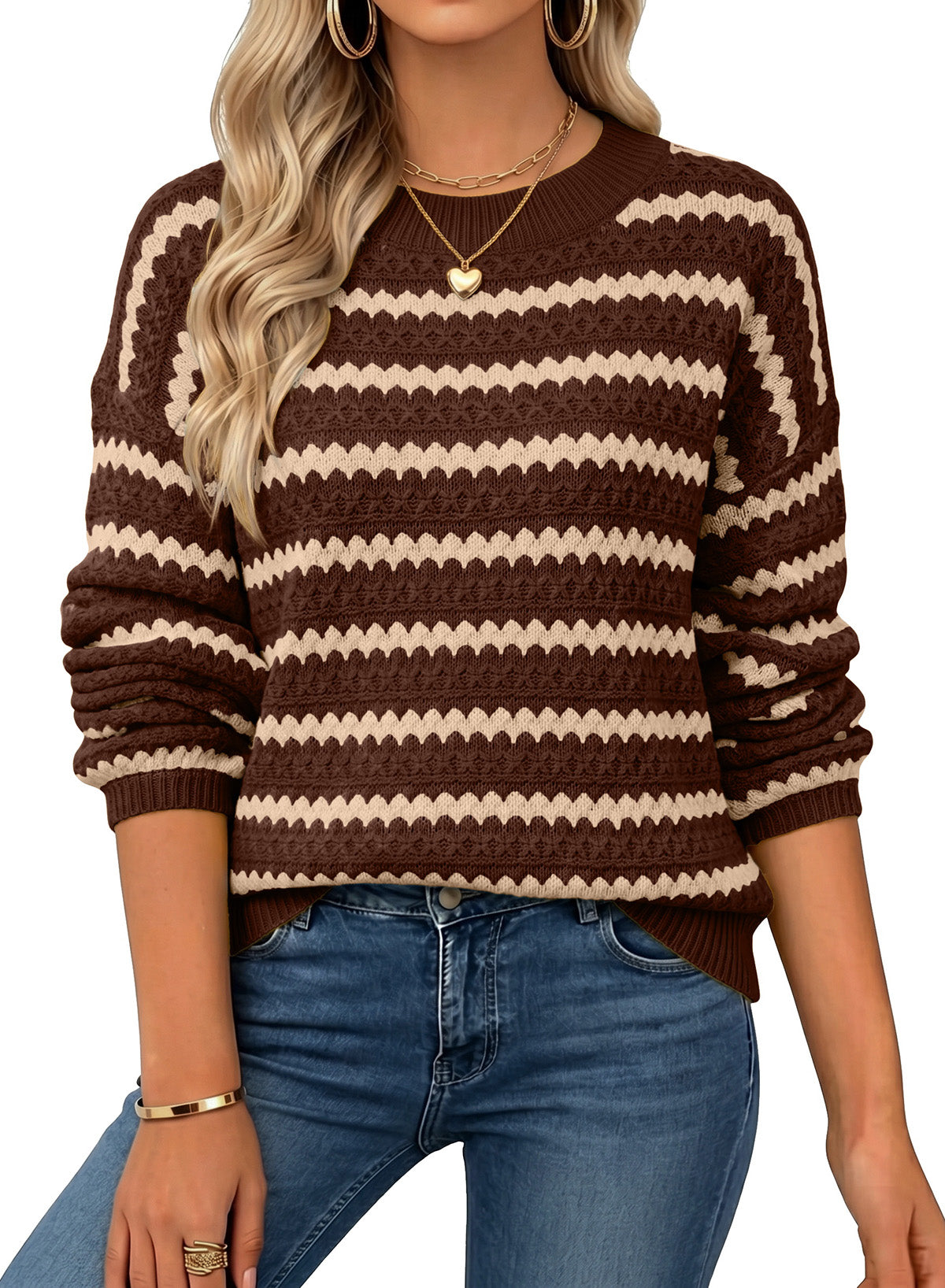 Dokotoo Sweaters for Women Oversized Long Balloon Sleeve Wavy Striped Color Block Crewneck Casual Pullover Sweater Knit Tops