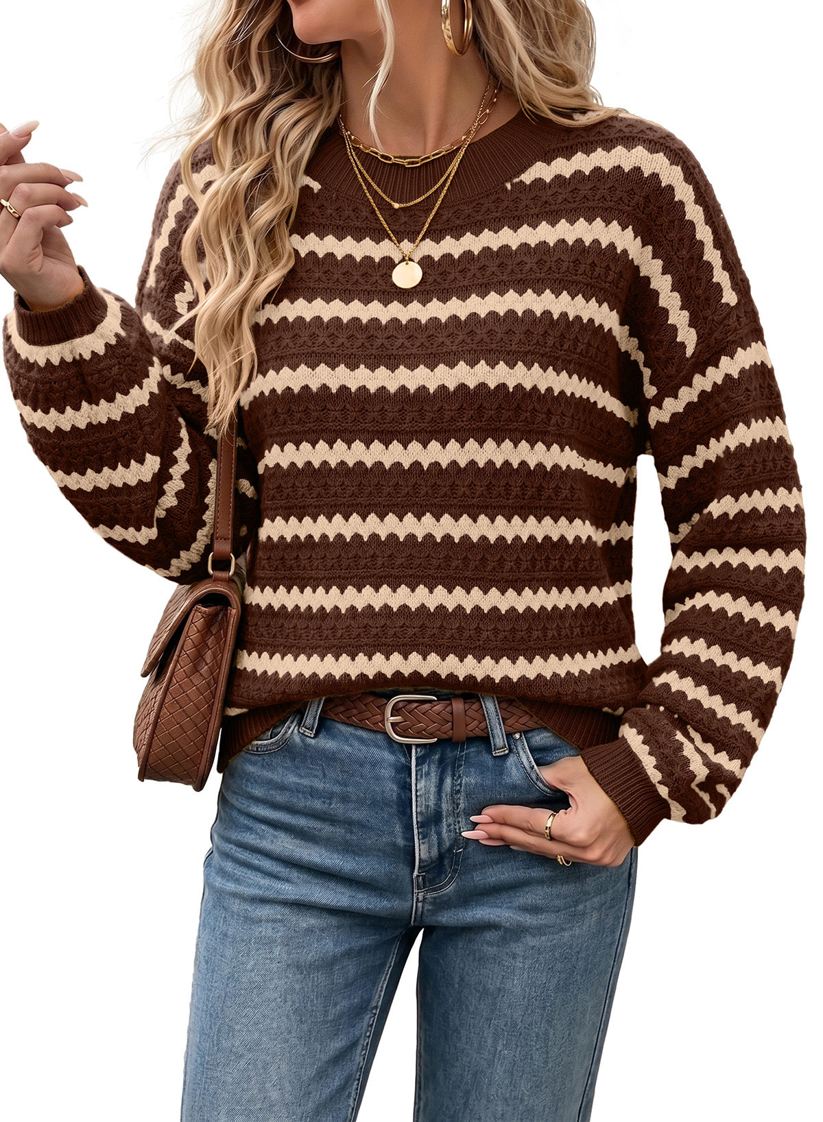 Dokotoo Sweaters for Women Oversized Long Balloon Sleeve Wavy Striped Color Block Crewneck Casual Pullover Sweater Knit Tops